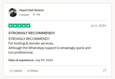 Review card screenshot for Ubaidullah Shahid recommending TheHoster.pk for quick, professional support